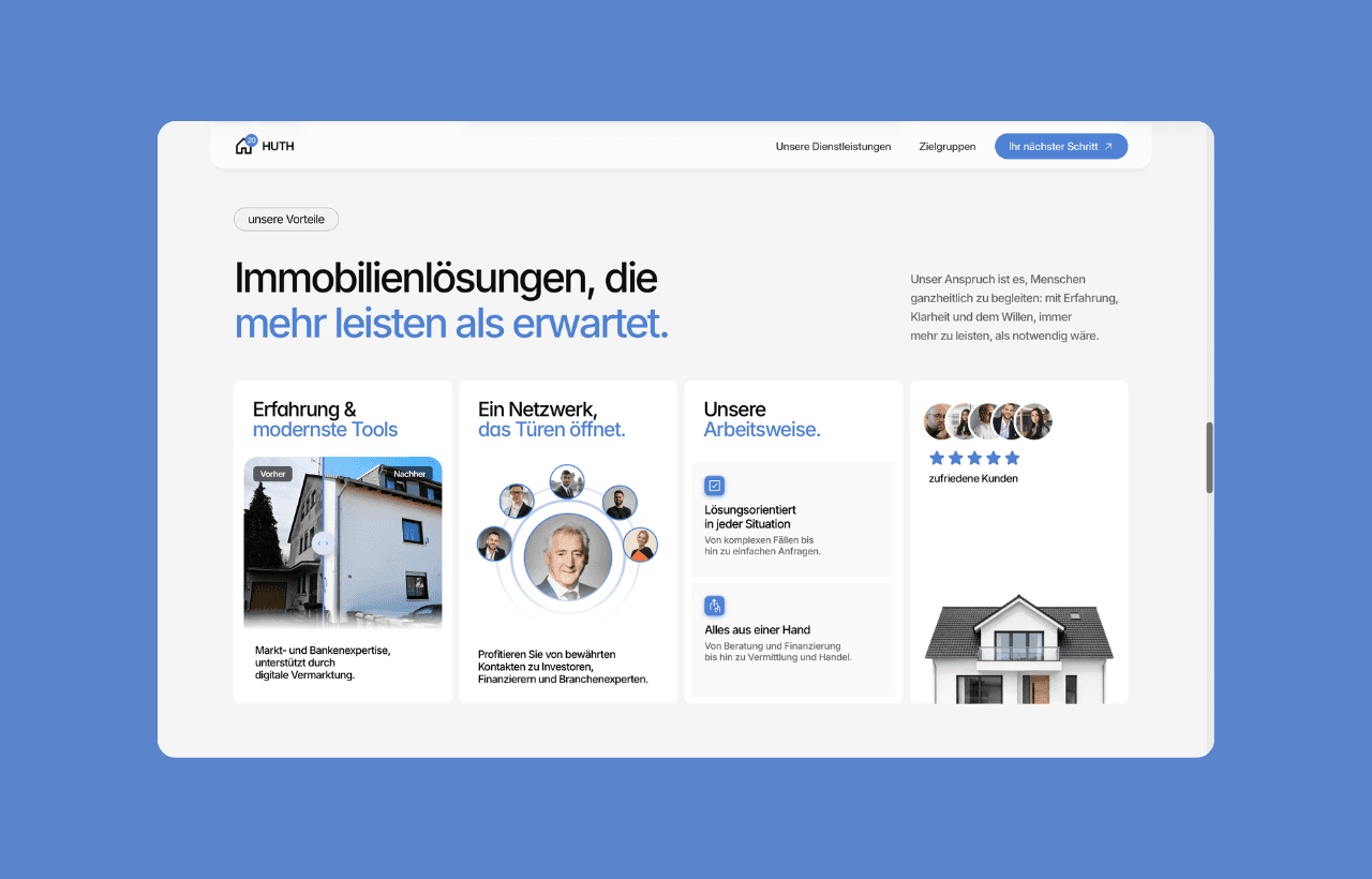 Huth Immobilien Website Abschnitt zu Vorteilen und Arbeitsweise