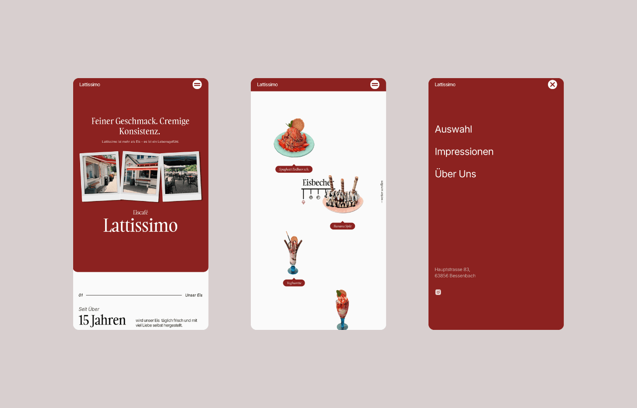 Lattisimo mobile Startseite, Eis-Auswahl und Menü