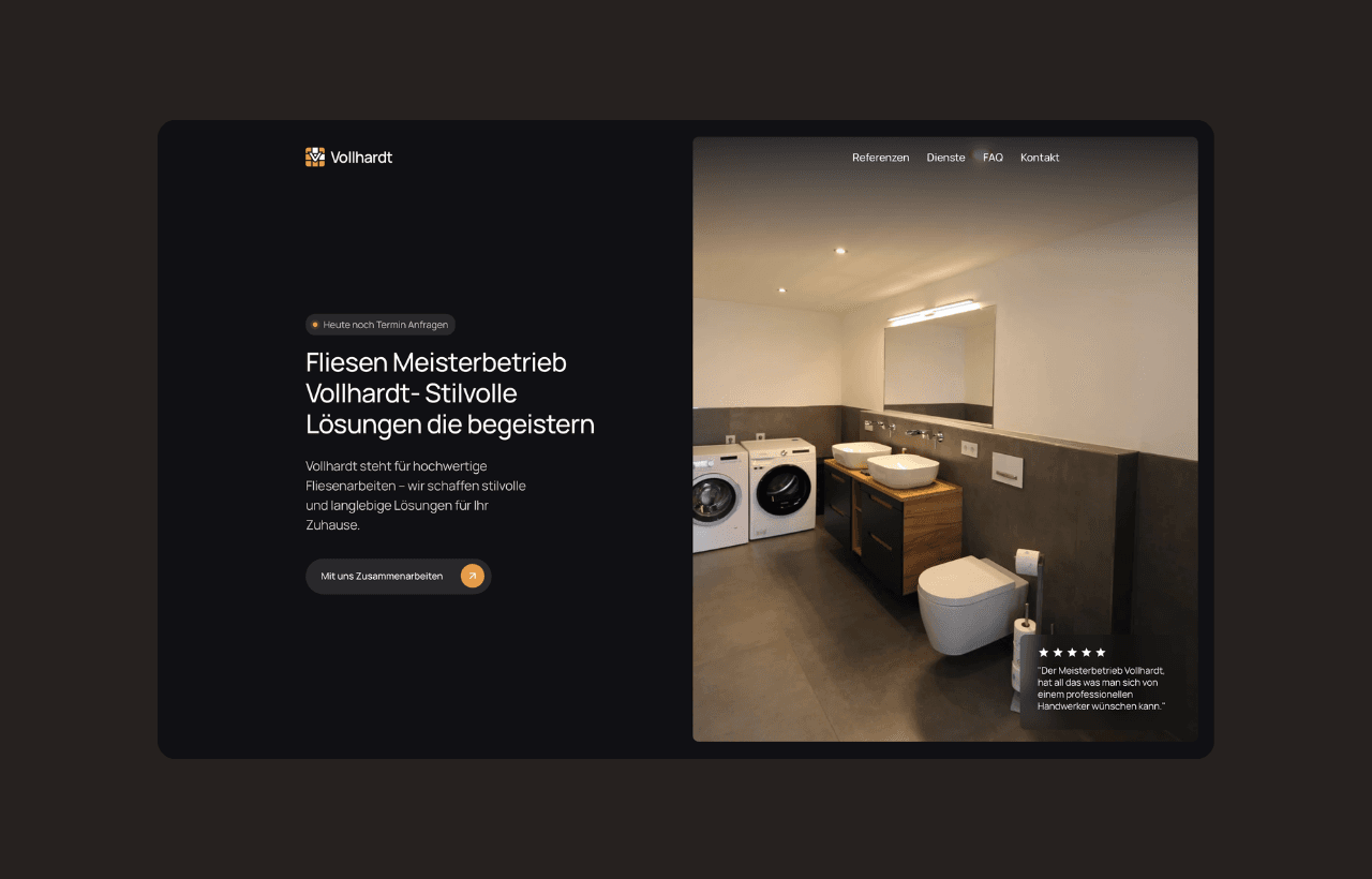 Vollhardt Website als dunkles Desktop-Titelbild mit Badezimmerreferenz